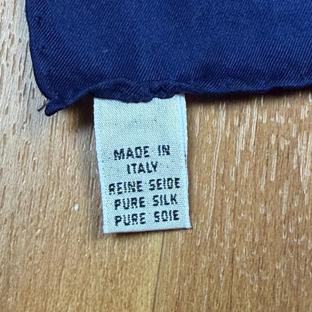 Vintage Pure‎ Silk Equestrian Polo Scarf Navy Blue Made in Italy 34x33.5